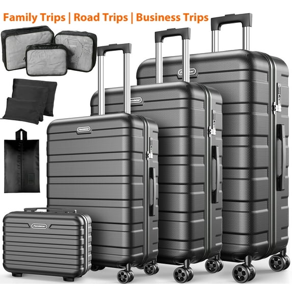 WNANEEZ Luggage Sets 11 Piece Hardside Suitcases Set（14/20/24/28）Suitcase with 360° Double Spinner Wheels Integrated TSA-style Lock. (Black)
