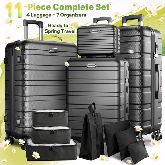 FaayFian 11-Piece Hardshell Luggage Set, 28/24/20 Spinner Suitcase, Carry-on, Toiletry Bag & Packing Cubes, Durable Travel Set with 360° Wheels & Lock