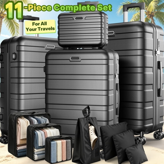 FaayFian 11-Piece Hardshell Luggage Set, 28/24/20 Spinner Suitcase, Carry-on, Toiletry Bag & Packing Cubes, Durable Travel Set with 360° Wheels & Lock
