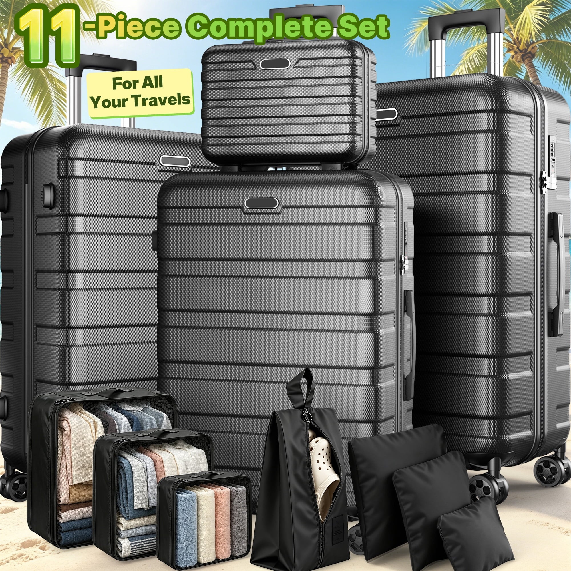 FaayFian 11-Piece Hardshell Luggage Set, 28/24/20 Spinner Suitcase, Carry-on, Toiletry Bag & Packing Cubes, Durable Travel Set with 360° Wheels & Lock