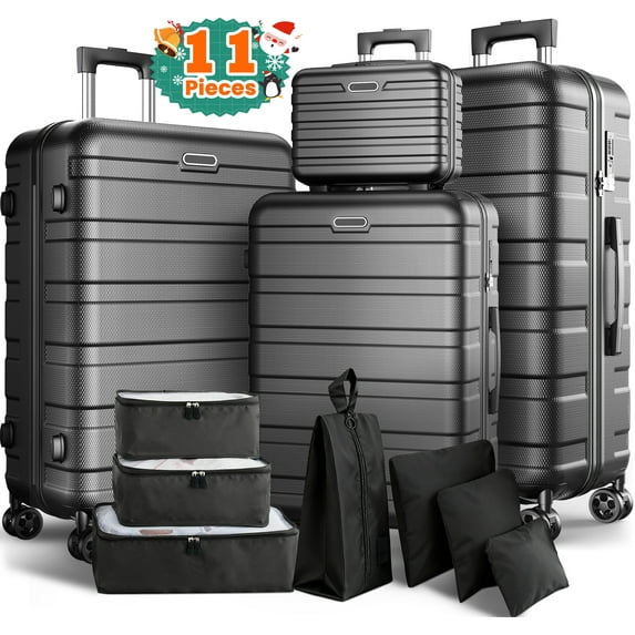 FaayFian Newest Extended Storage 11-Piece Luggage Set, 28" & 24" Spinner Suitcases with 20" Carry-On Bag, 14" Toiletry Case & Packing Cubes, Durable Travel Suitcase Set with 360° Wheels & Combination Lock
