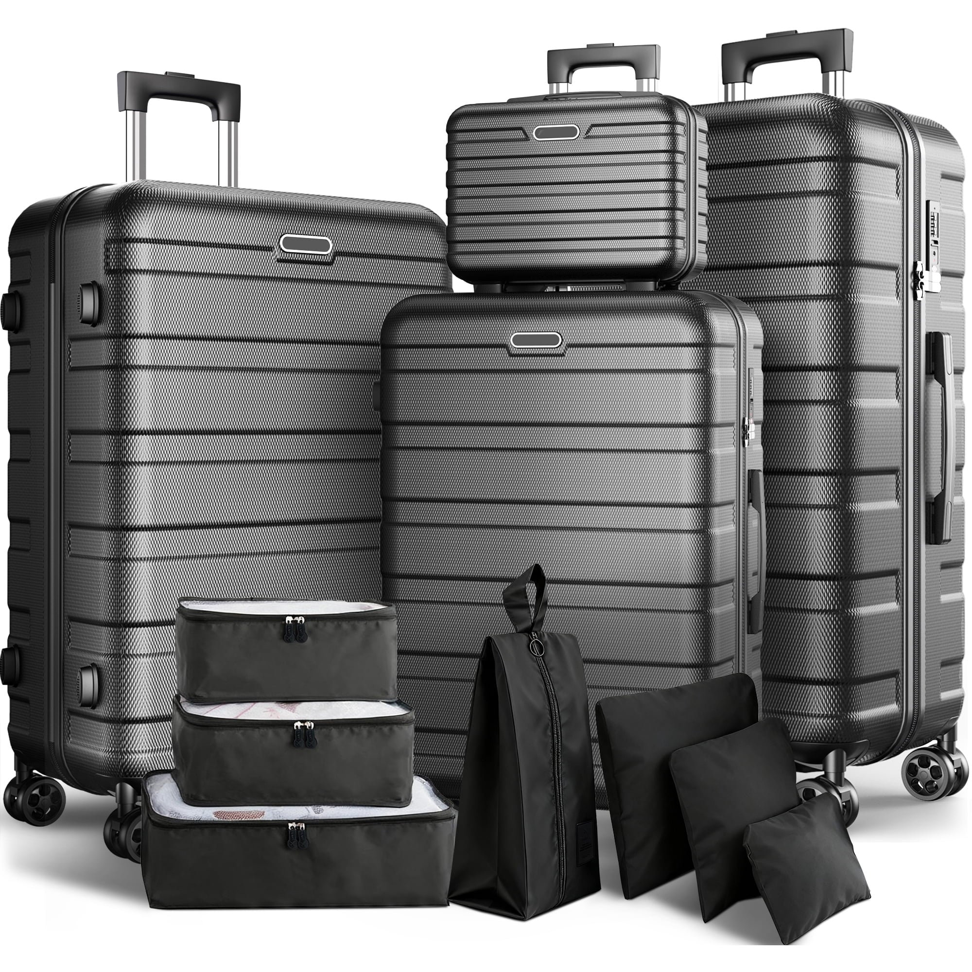 FaayFian Newest Extended Storage 11-Piece Luggage Set, 28" & 24" Spinner Suitcases with 20" Carry-On Bag, 14" Toiletry Case & Packing Cubes, Durable Travel Suitcase Set with 360° Wheels & Combination Lock