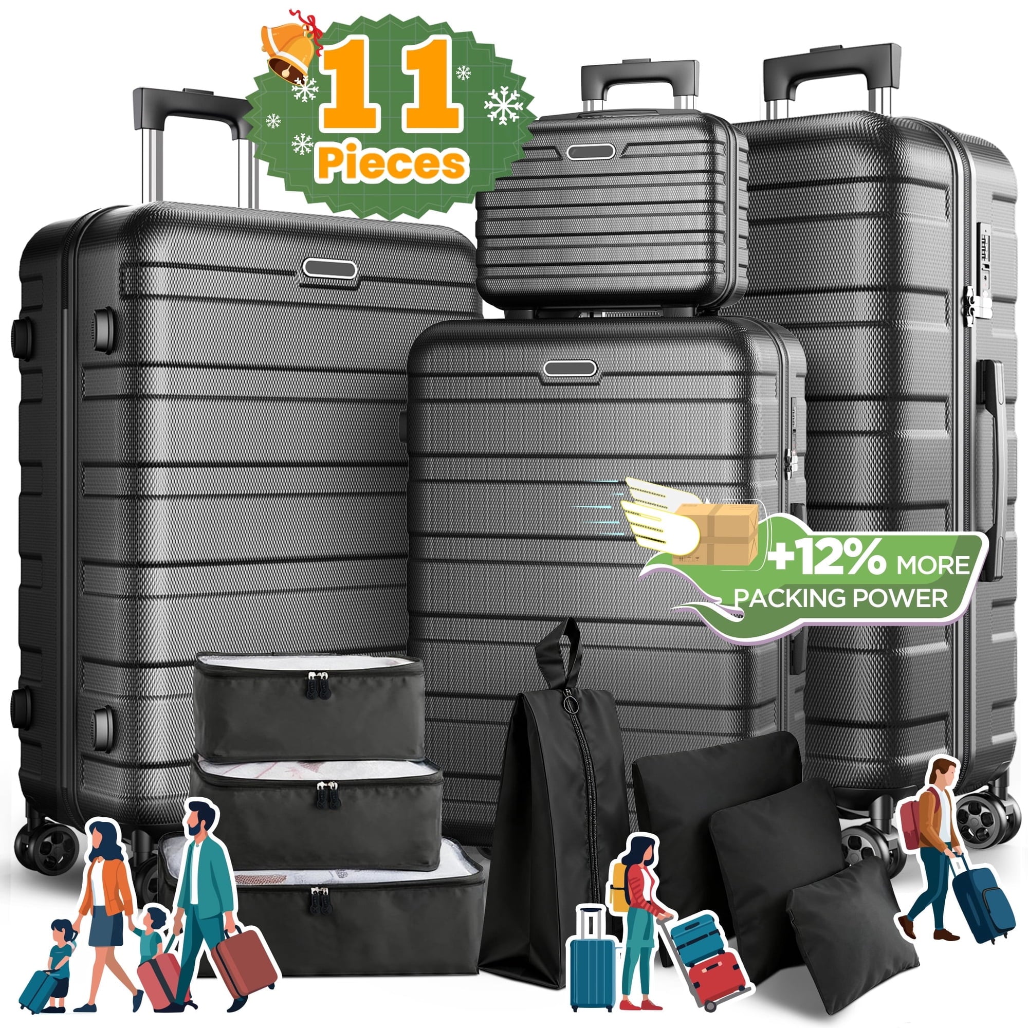 FaayFian Newest Extended Storage 11-Piece Luggage Set, 28" & 24" Spinner Suitcases with 20" Carry-On Bag, 14" Toiletry Case & Packing Cubes, Durable Travel Suitcase Set with 360° Wheels & Combination Lock