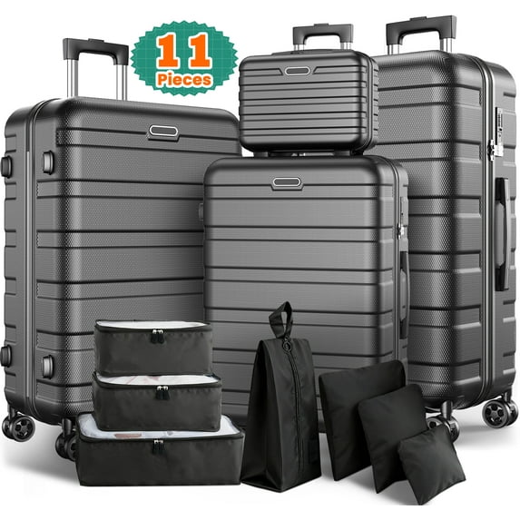 FaayFian Newest 11-Piece Luggage Set, 28" & 24" Spinner Suitcases with 20" Carry-On Bag, 14" Toiletry Case & Packing Cubes, Durable Travel Suitcase Set with Spinner Wheels & Combination Lock