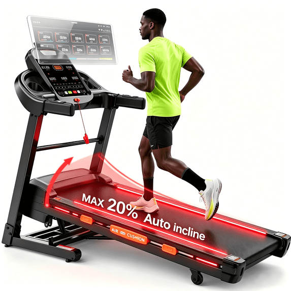 AQUGOKS Newly Updated 20-Level Auto Incline & 12 MPH Max Speed, Upgraded Multifunctional Display, Oversized Frame, Wide Running Belt, Hydraulic Fold, 400 LBS Load, Bluetooth & Step Counter
