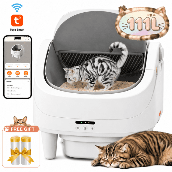 WNANEEZ Open Top Self Cleaning Litter Box with 100L Capacity, Automatic Cat Litter Box with APP Control, Health Monitoring, 11L Waste Bin, Safety Sensors, Odor Control, Quiet Operation for Multiple Cats