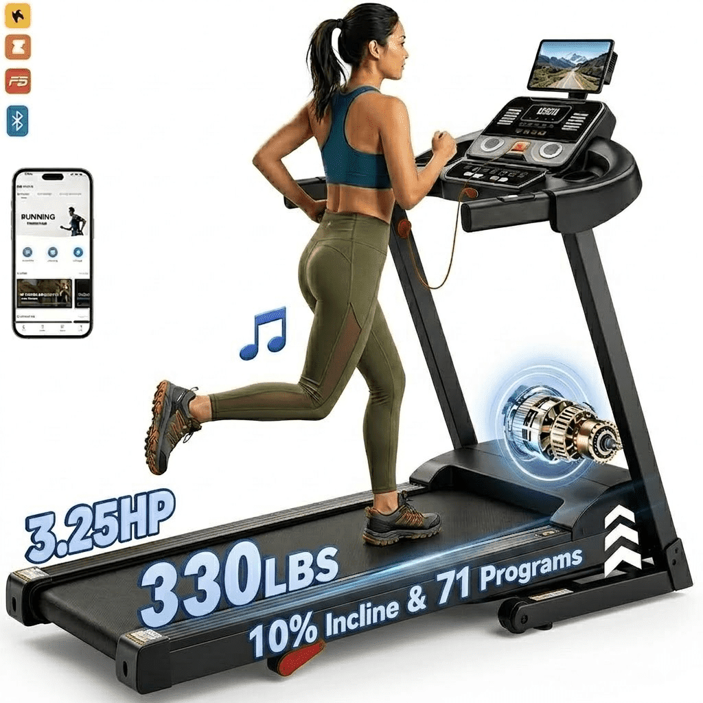 FaayFian Portable 3HP Foldable Treadmill with LCD Monitor, Pulse Sensor, HIFI Bluetooth Speaker & Cushioned Running Belt