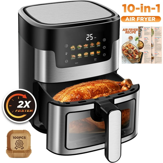 WNANEEZ Portable 7.5 QT Air Fryer Oven with 10 Preset Cookings, 10-in-1 Touch Screen, Visible Window, Dishwasher-Safe, Oiless Hot Air Fryer, Includes 100Pcs Paper Liners
