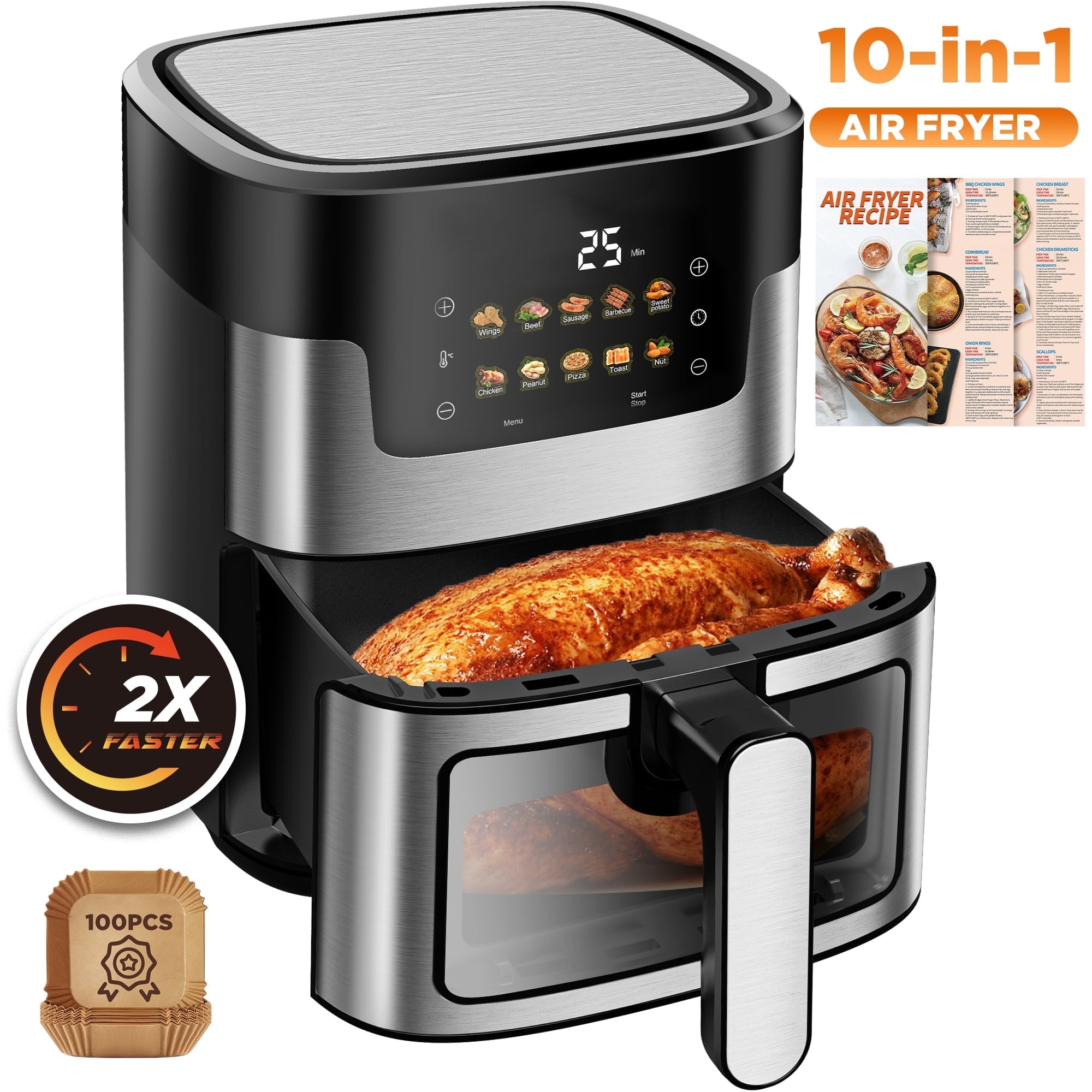 WNANEEZ Portable 7.5 QT Air Fryer Oven with 10 Preset Cookings, 10-in-1 Touch Screen, Visible Window, Dishwasher-Safe, Oiless Hot Air Fryer, Includes 100Pcs Paper Liners