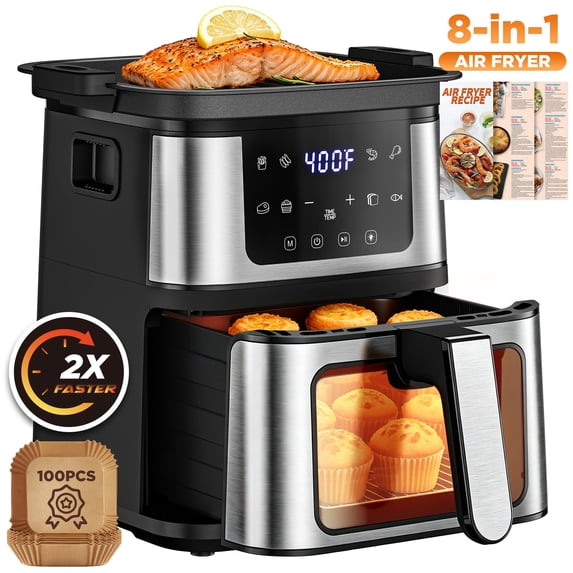 Famistar 7.5 QT Portable Air Fryer Oven with Baking Tray, 8 Preset Functions, 8-in-1 Touch Screen, Visible Window, Dishwasher-Safe Oiless Air Fryer, 100Pcs Paper Liners