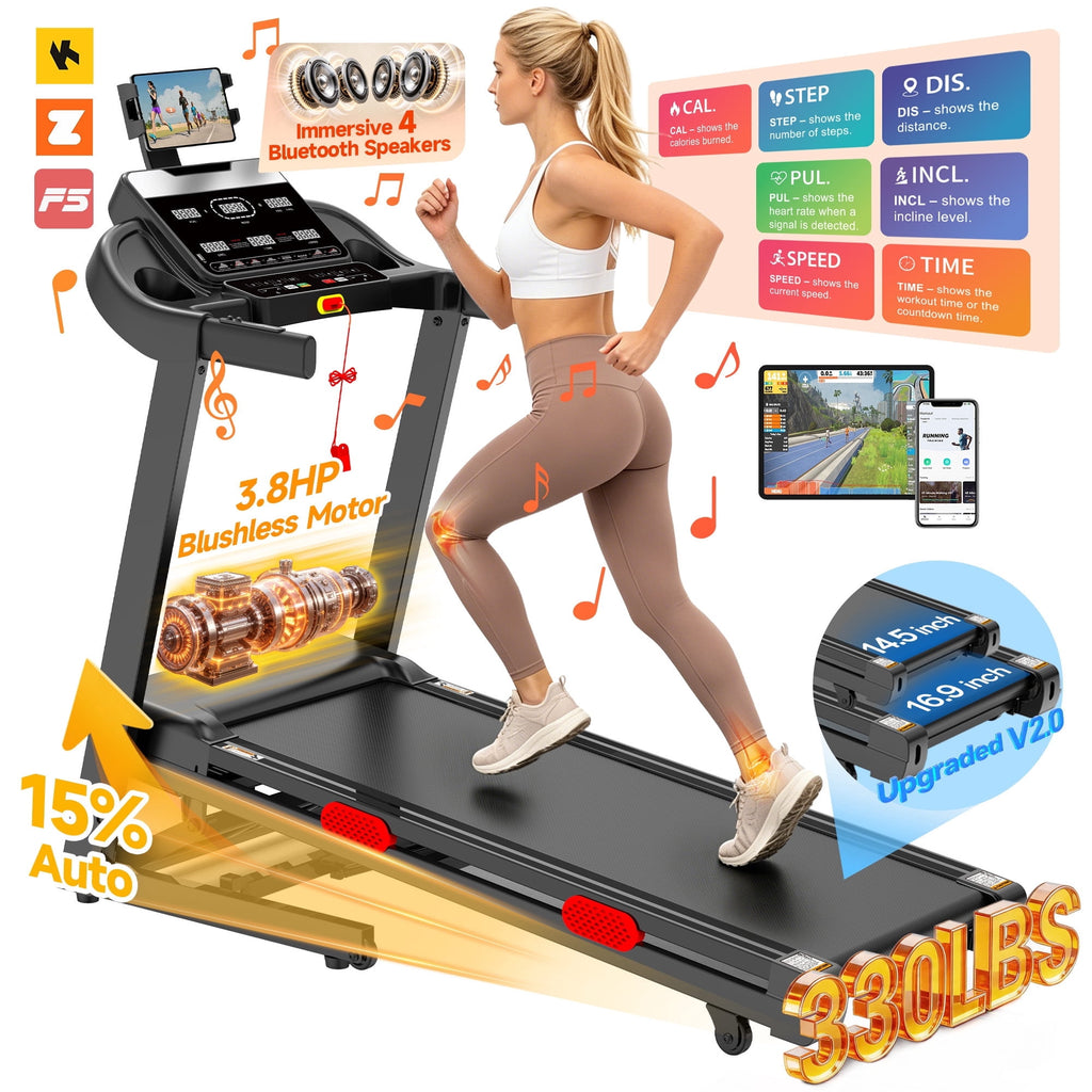 WNANEEZ Portable Folding Treadmill with Adjustable Incline,3.8HP Brushless Motor Running Machine Treadmill for Home 0.6-9MPH Speed Range,300 lb Capacity,105 Programs