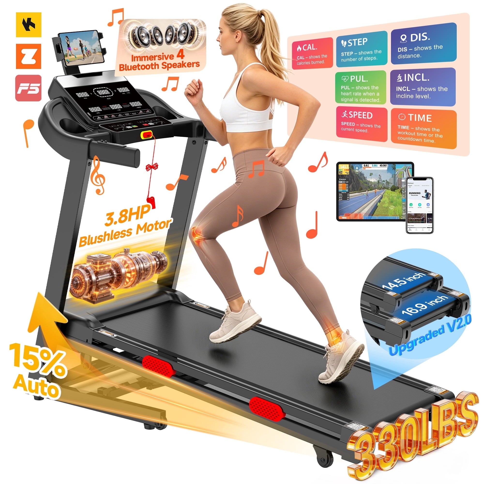 WNANEEZ Portable Folding Treadmill with Adjustable Incline,3.8HP Brushless Motor Running Machine Treadmill for Home 0.6-9MPH Speed Range,300 lb Capacity,105 Programs