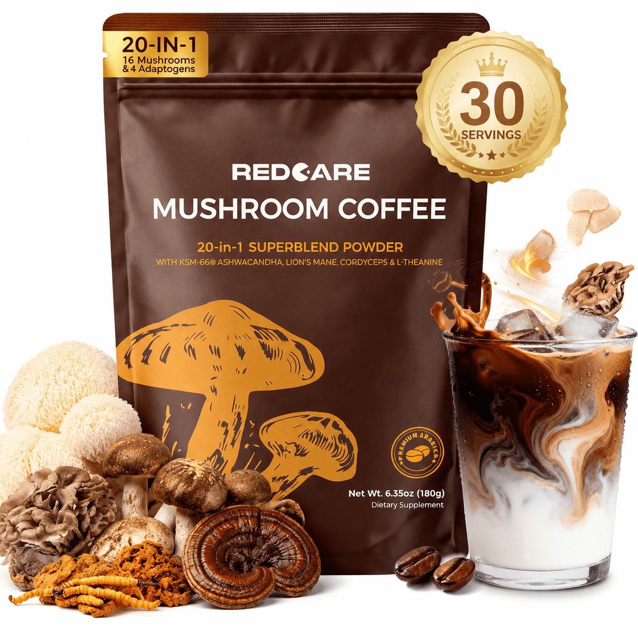 MAJUNES Premium Mushroom Coffee with 16 Superfood Mushrooms - Water Processed organic Instant Mushroom Coffee - Supports Focus, Energy &Immune Health, 7 Adaptogenic Mushrooms, Vegan Coffee Instant - 6.35oz