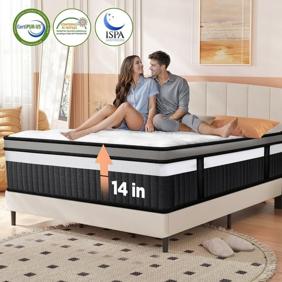 Campmoy Queen Mattress, 14 Inch Gel Memory Foam Hybrid Mattress in a Box, Cooling & Breathable Design, Zoned Pressure Relief, Medium Firm Feel, CertiPUR-US Certified