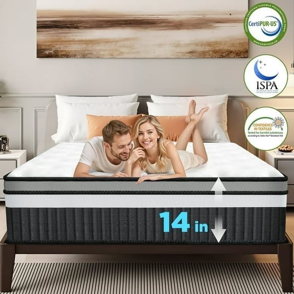 Campmoy Queen Mattress 14inch, Cooling Memory Foam Mattress in a Box, Medium Firm Breathable, Motion Isolation, Pressure Relief, CertiPUR-US Certified