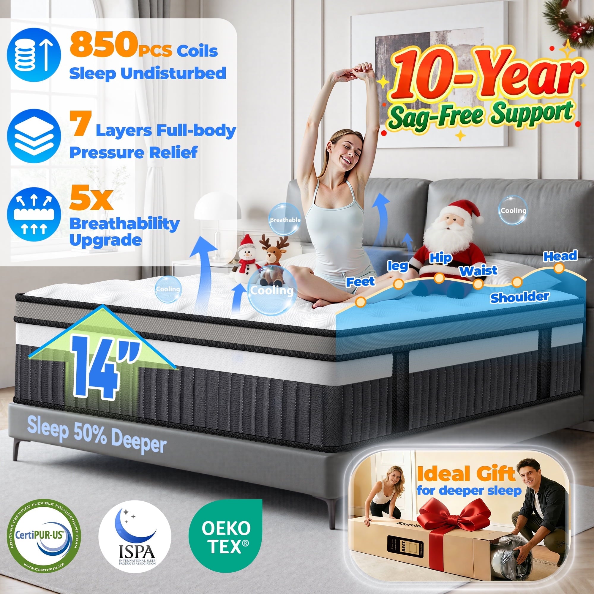 Famistar Queen Mattress, Famistar 14 Inch Memory Foam Mattress Queen Size, Innerspring Hybrid Queen Bed Mattress in a Box Medium Firm with Motion Isolation & Strong Support & Pressure Relief, CertiPUR-US