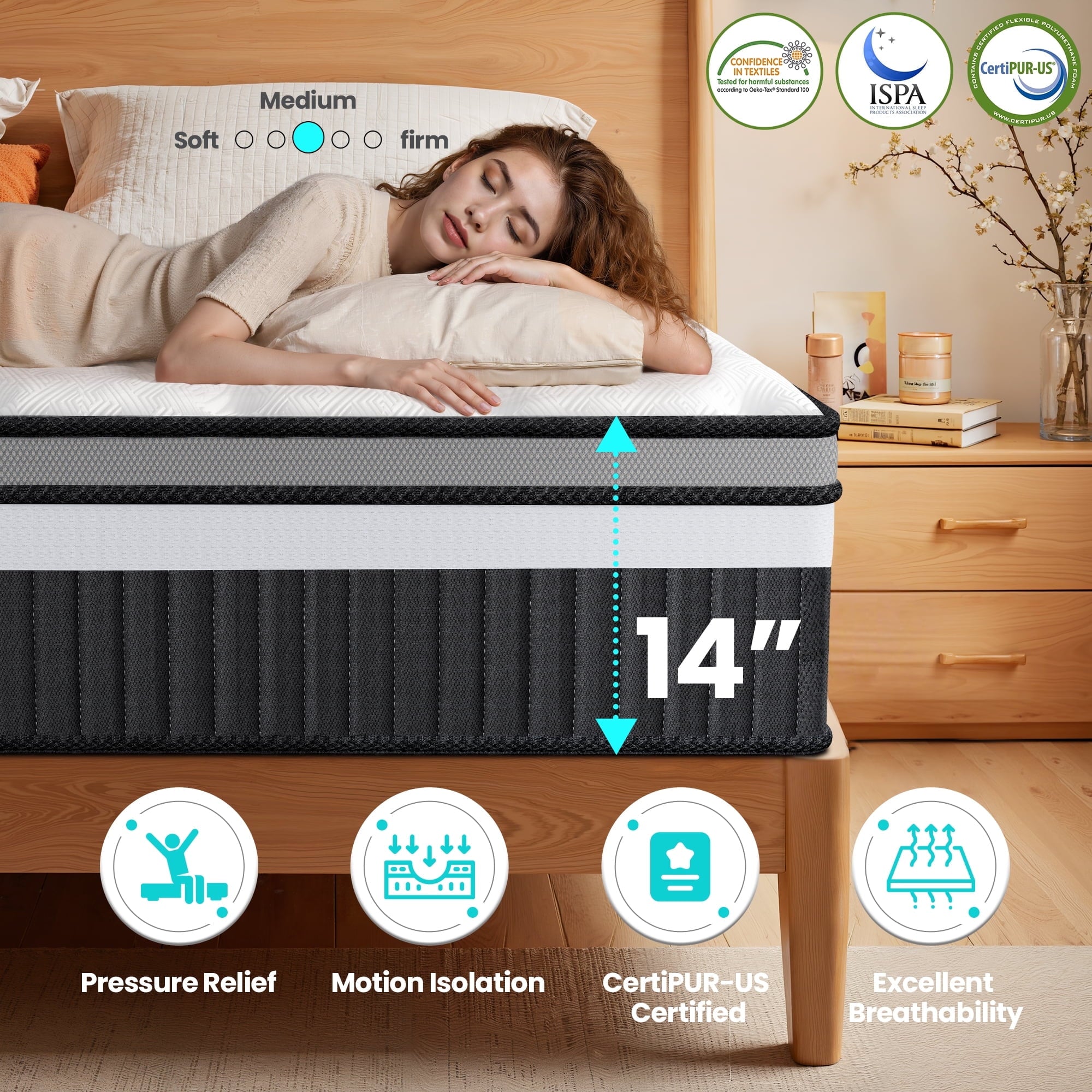 Qvamodo Queen Mattress, Qvamodo14in Gel Mattress in a Box, Medium Firm, Motion Isolation, Breathable, White