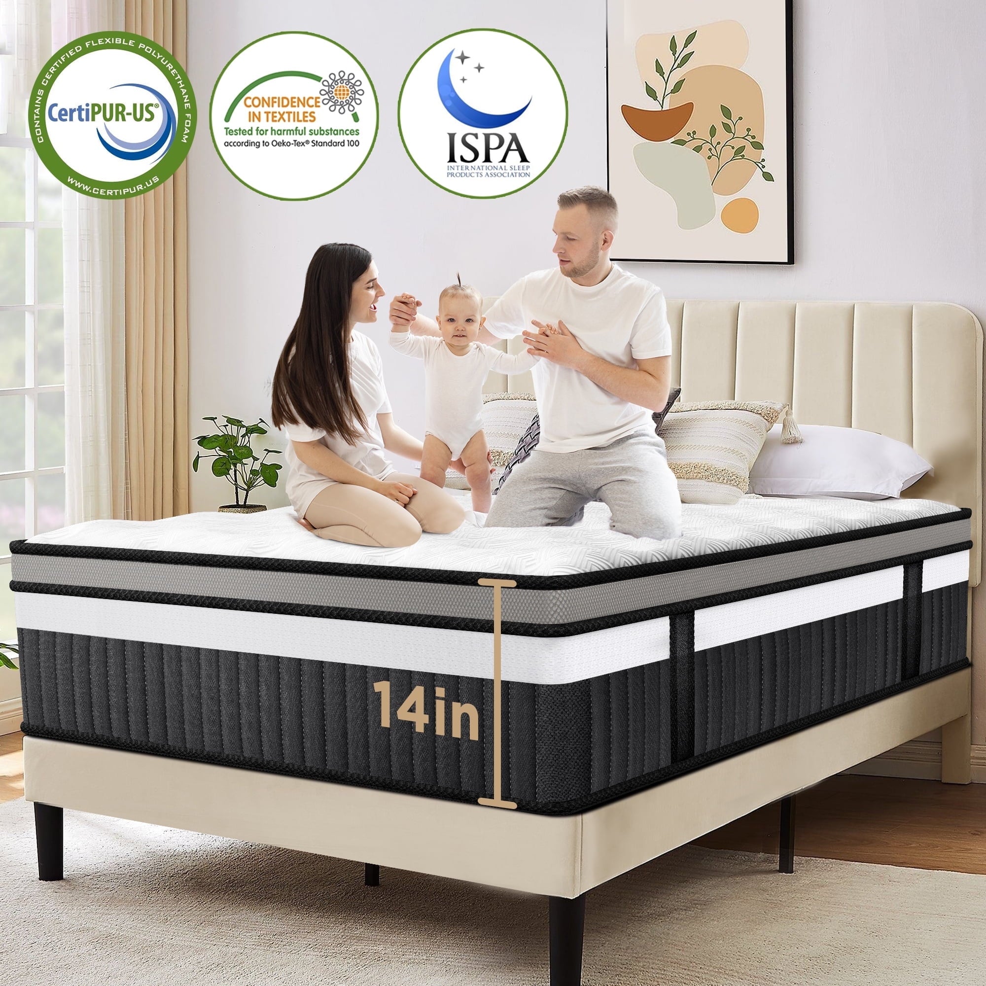 WNANEEZ 14 Inch Queen Mattress in a Box, Cooling Gel Memory Foam with Pocket Springs, Medium Firm Bed for Cool Sleep & Pressure Relief, Motion Isolation, CertiPUR-US Certified