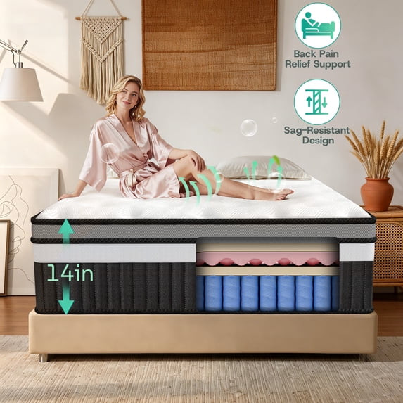 Qvamodo Queen Size Mattress 14" Hybrid Mattress in a Box Gel Memory Foam and Pocket Springs with Motion Isolation, Medium Firm, Pressure Relief, CertiPUR-US® Certified, Mattress in a Box