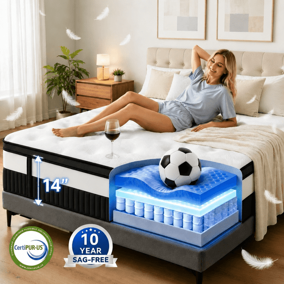 OXIBYPU Queen Size Mattress 14" Hybrid Mattress in a Box Gel Memory Foam and Pocket Springs with Motion Isolation, Medium Firm, Pressure Relief, CertiPUR-US®