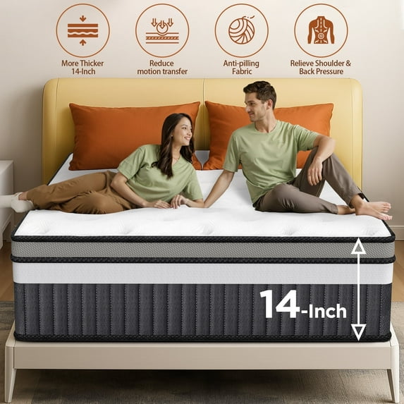 Qvamodo Queen Size Mattress, 14 Inch Hybrid Memory Foam & Pocket Spring Mattress for Motion Isolation & Silent Sleep, Medium Comfort, Pressure Relieving, Breathable & Supportive, CertiPUR-US Certified