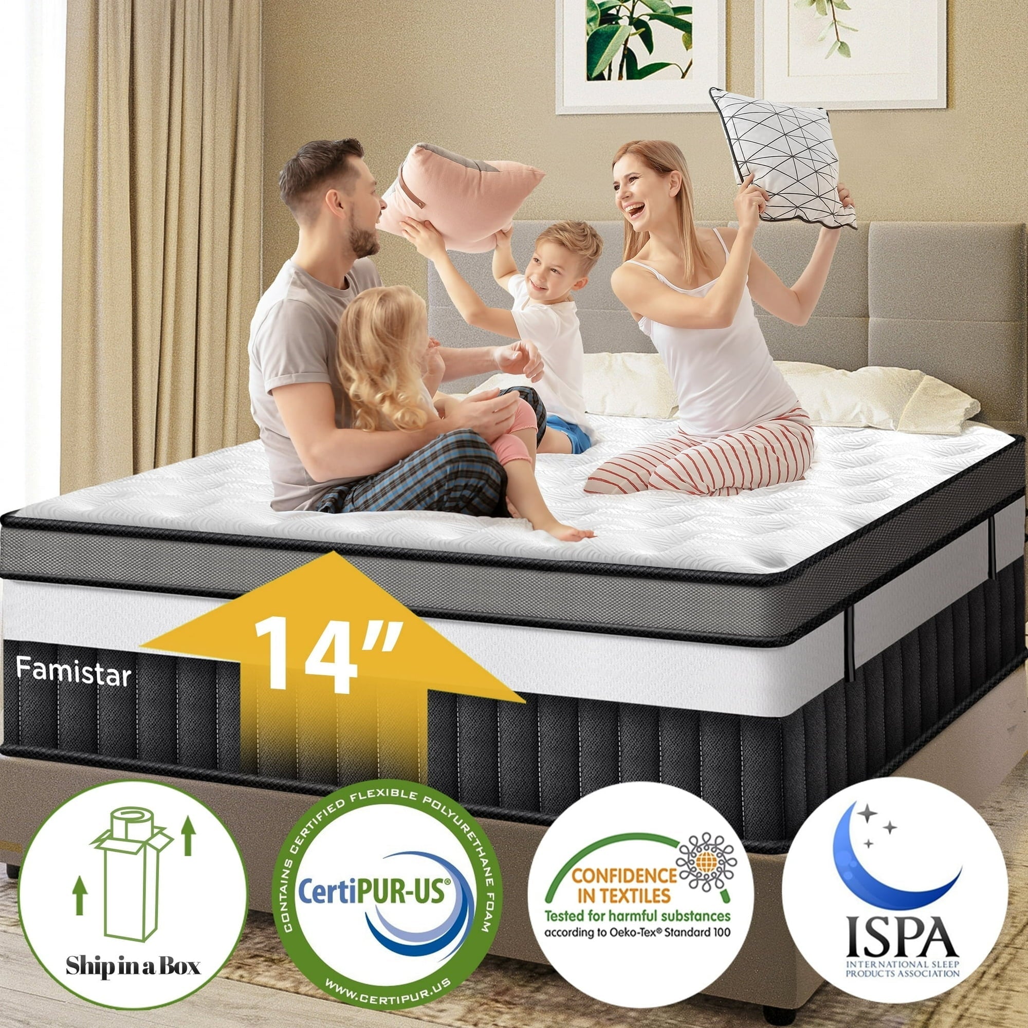 Famistar Queen Size Mattress, Famistar 14 Inch Memory Foam Mattress in a Box, Individual Innerspring hybrid Queen Bed Mattress, Medium Firm, CertiPUR-US Certified