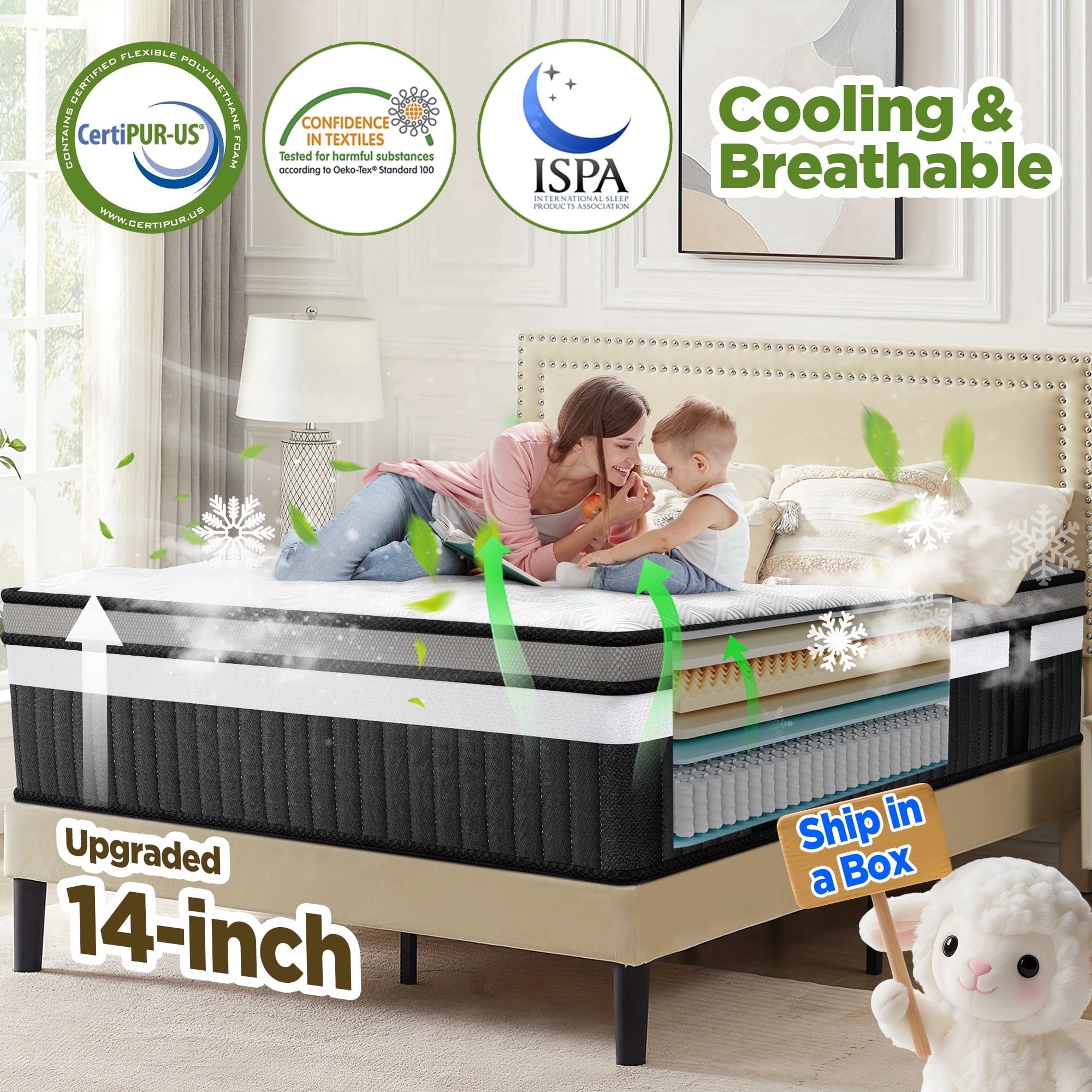 Qvamodo King Mattress, 14 Inch Hybrid Medium Firm King Size Bed in a Box - CertiPUR-US Certified Memory Foam, King Size mattress for Pressure Relief, Cooling Sleep, and Motion Isolation