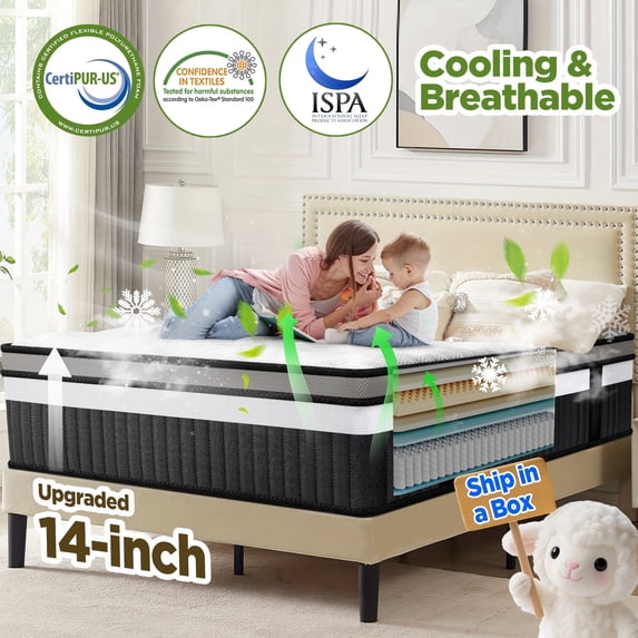 Qvamodo King Mattress, 14 Inch Hybrid Medium Firm King Size Bed in a Box - CertiPUR-US Certified Memory Foam, King Size mattress for Pressure Relief, Cooling Sleep, and Motion Isolation