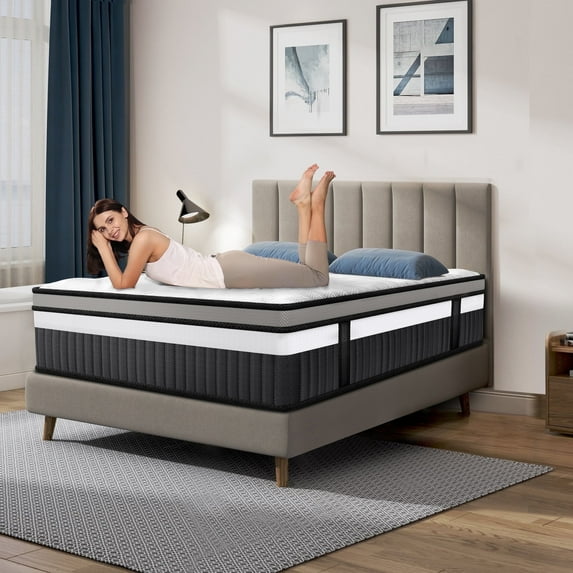 Qvamodo 14 inch King Size Hybrid Mattress, Cooling Memory Foam Mattress in a Box with Individually Pocket Springs CertiPUR-US Certified Medium Firm Breathable Pressure Relief White with Khaki Rim