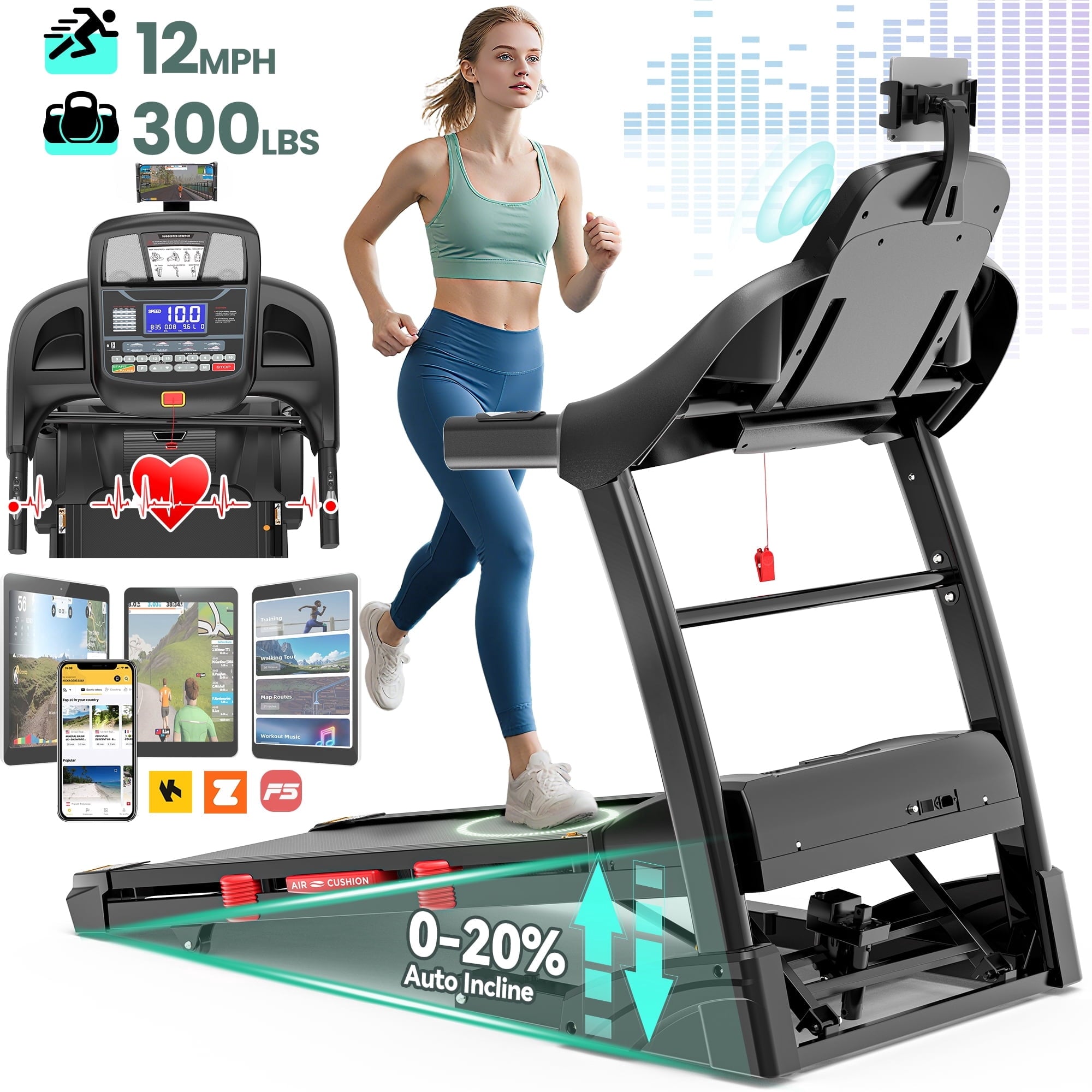 Qvamodo 4.5HP Folding Incline Treadmill for Home Use with 64+3+1 Preset Programs, APP Control, 12MPH, Blutooth Speakers