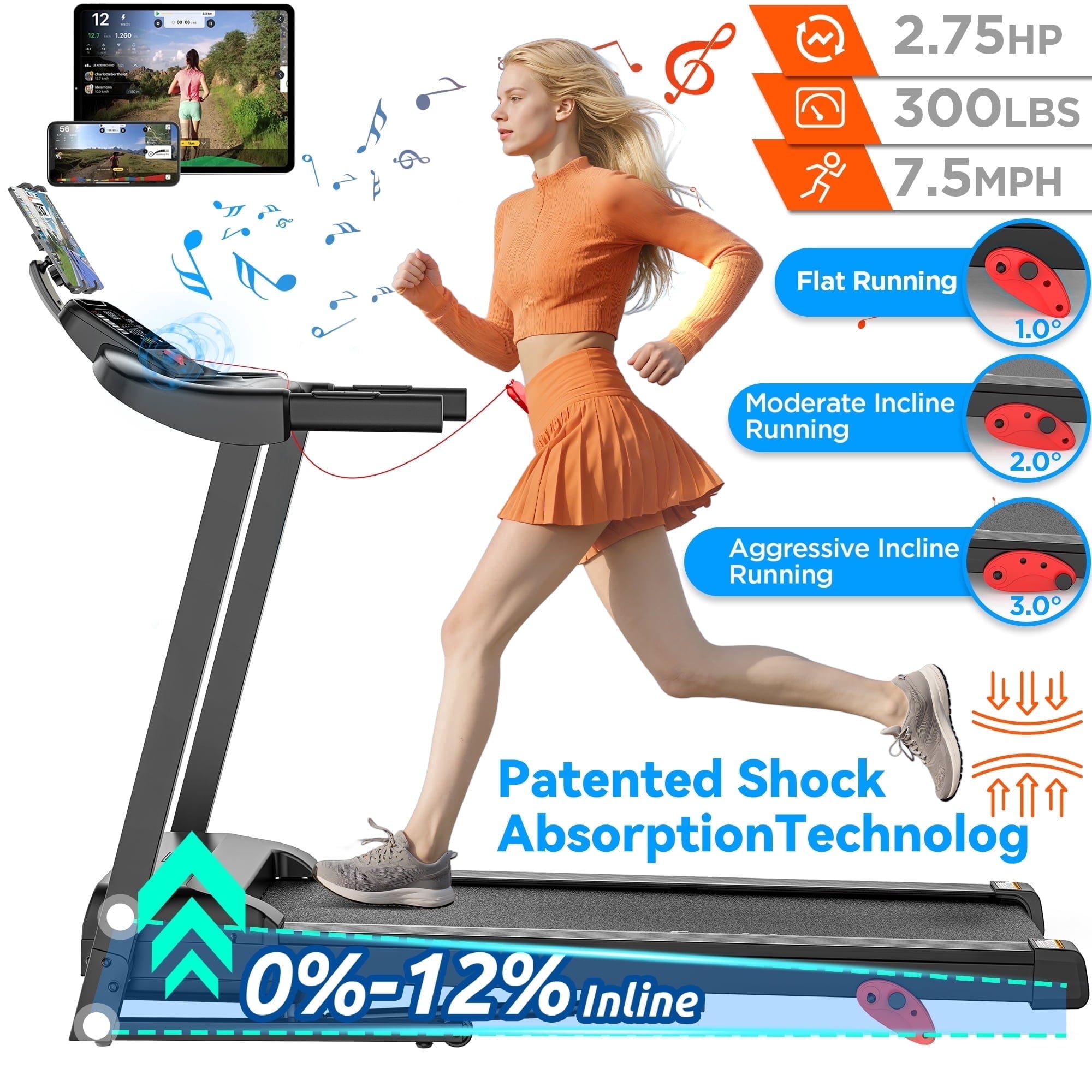 Qvamodo Smart PortableTreadmill w/ Incline for Home, 2.75HP Brushless Motor, 300 lbs Capacity, 3-Level Incline, 7.5MPH, Bluetooth App Control, 64 Programs, Ultra-Quiet for Home & Office
