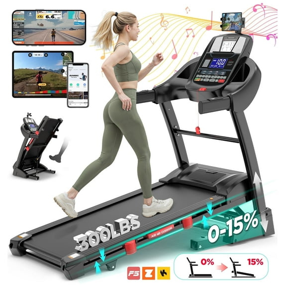 Qvamodo Treadmill with 15% Auto Incline, Treadmills for Home, Treadmill with 300lbs Capacity, Folding Treadmill with 18’’ Wide Belt, 4.5HP Brushless Motor, APP Control, 0.6-10MPH, 64Preprograms