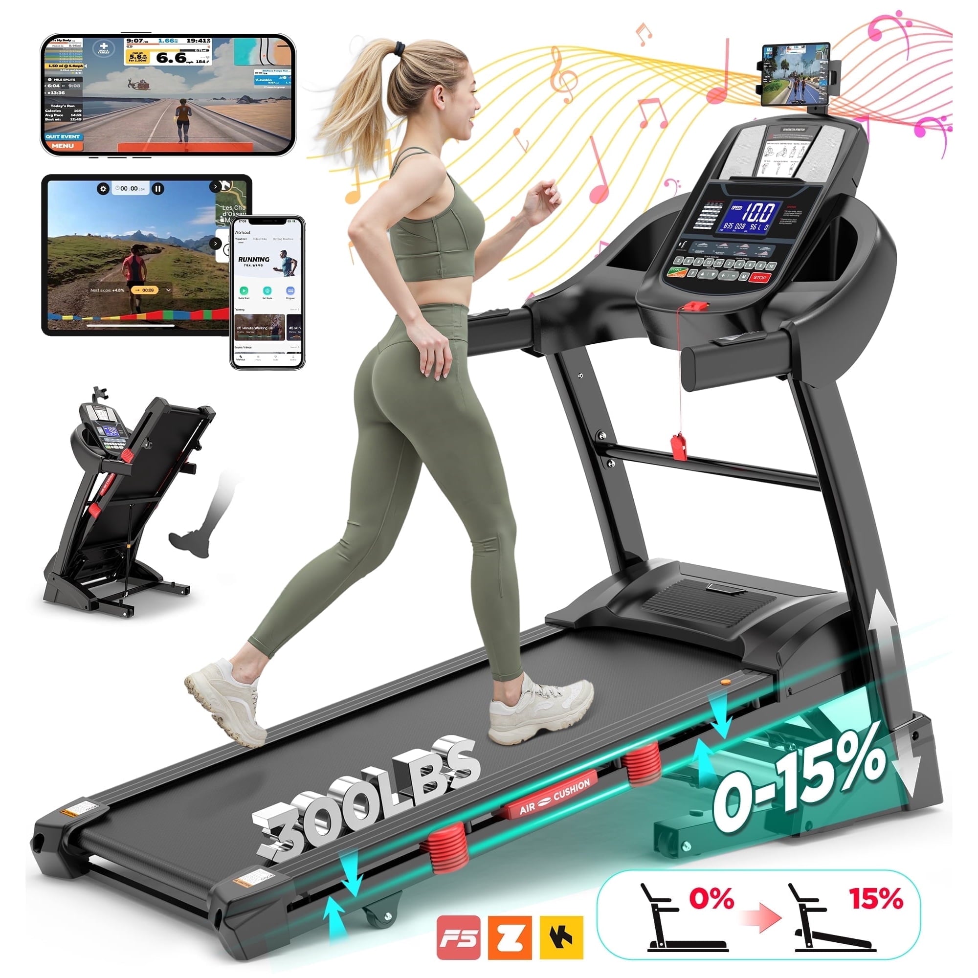 Qvamodo Treadmill with 15% Auto Incline, Treadmills for Home, Treadmill with 300lbs Capacity, Folding Treadmill with 18’’ Wide Belt, 4.5HP Brushless Motor, APP Control, 0.6-10MPH, 64Preprograms