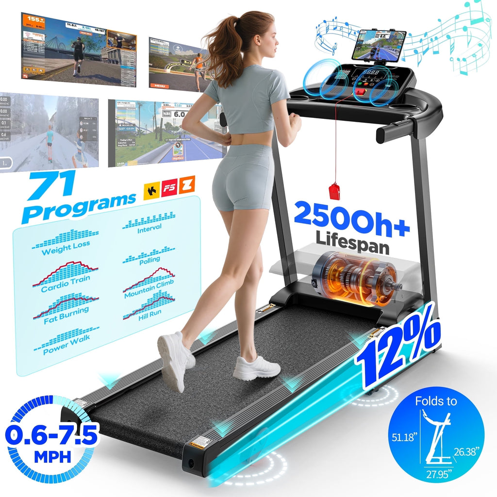 Qvamodo Folding Treadmill for Home, 3.1HP Treadmill with 12% Incline, Treadmill 350lbs Capacity, Running Machine Fitness, 0.6-7.5MPH, APP Control, 71Programs, Shock Absorption