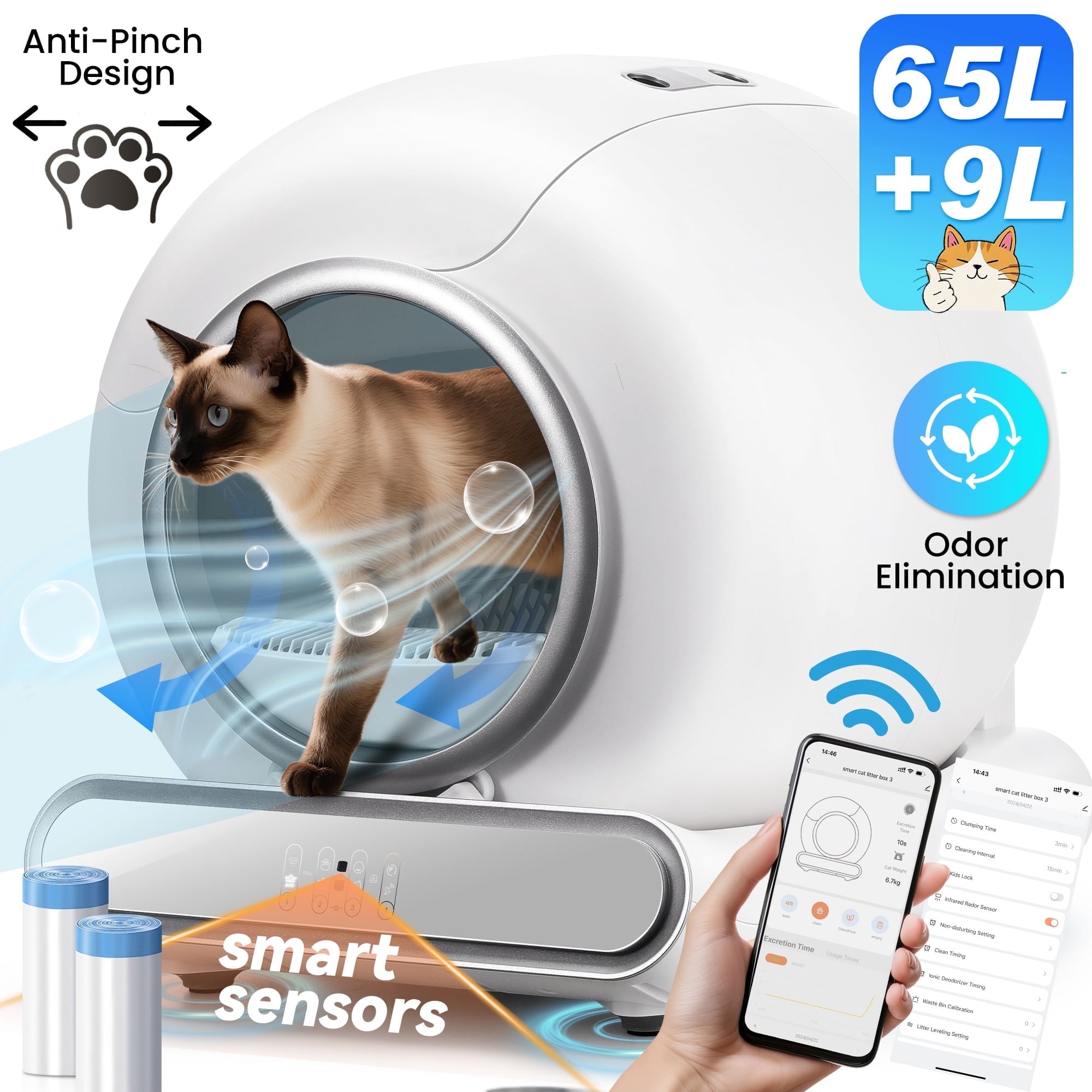 FaayFian Self Cleaning Cat Litter Box, 65+9L Large Automatic Litter Box with Liner for Multiple Cats, App Controlled, Odor Removal, Anti-Pinch Design