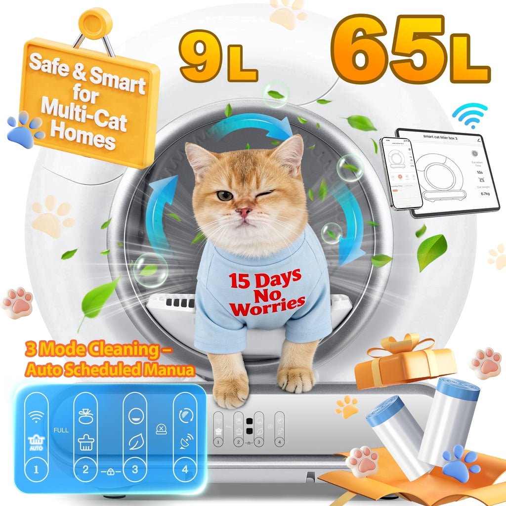 Campmoy Self Cleaning Cat Litter Box, 65L+9L Automatic Litter Box for Multiple Cats, Ion Deodorization, Safety Sensor, APP Control, Health Monitoring, Quiet Operation, Includes 2 Liner Rolls
