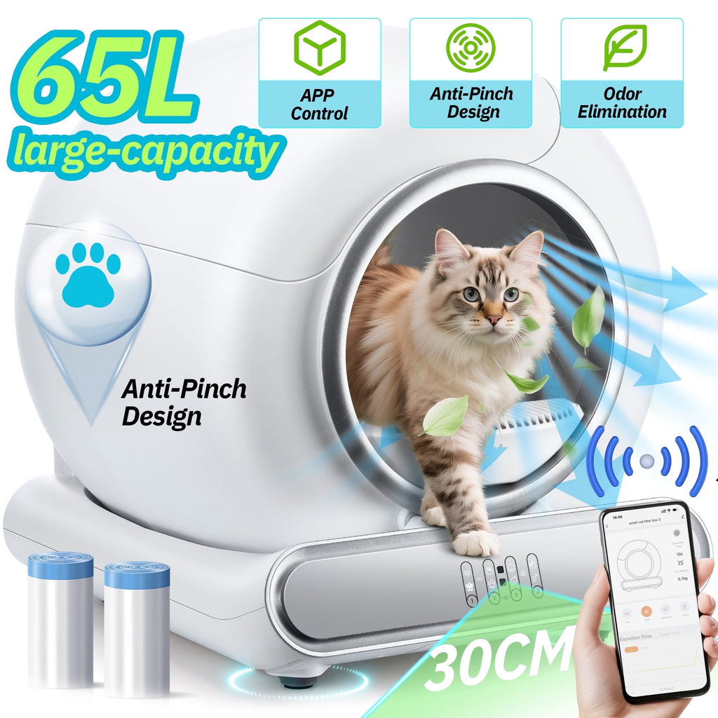 Qvamodo Self Cleaning Cat Litter Box, Automatic Cat Litter Box for Multiple Cats, Sensor Protection, 65L Capacity, Wifi APP Control, Odor Removal, 2 Rolls Liner