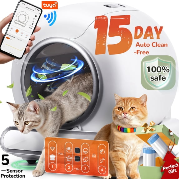 Campmoy Automatic Cat Litter Box, 110L Self Cleaning Litter Box with APP Control, Odor Removal, Safety Protection, 65L+9L Large Capacity, Litter Box with 2 Liners & Baffle Plate