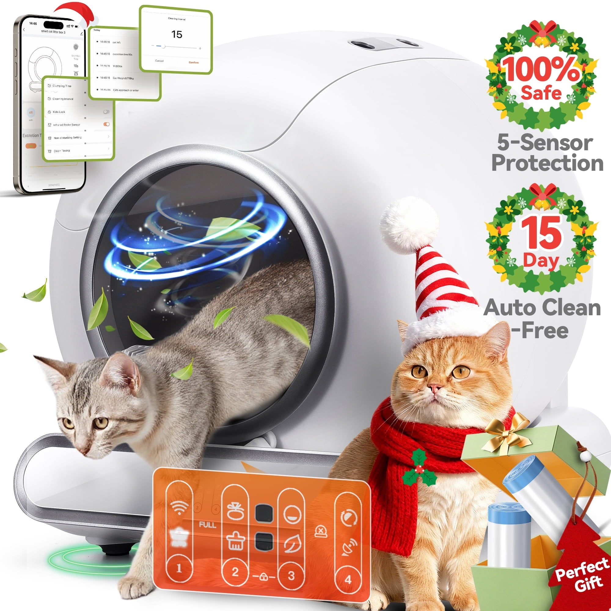 Campmoy Self Cleaning Cat Litter Box, Automatic Litter Box with APP Control, Odor Removal, Safety Protection, 65L+9L Large Capacity, Litter Box with 2 Liners & Baffle Plate