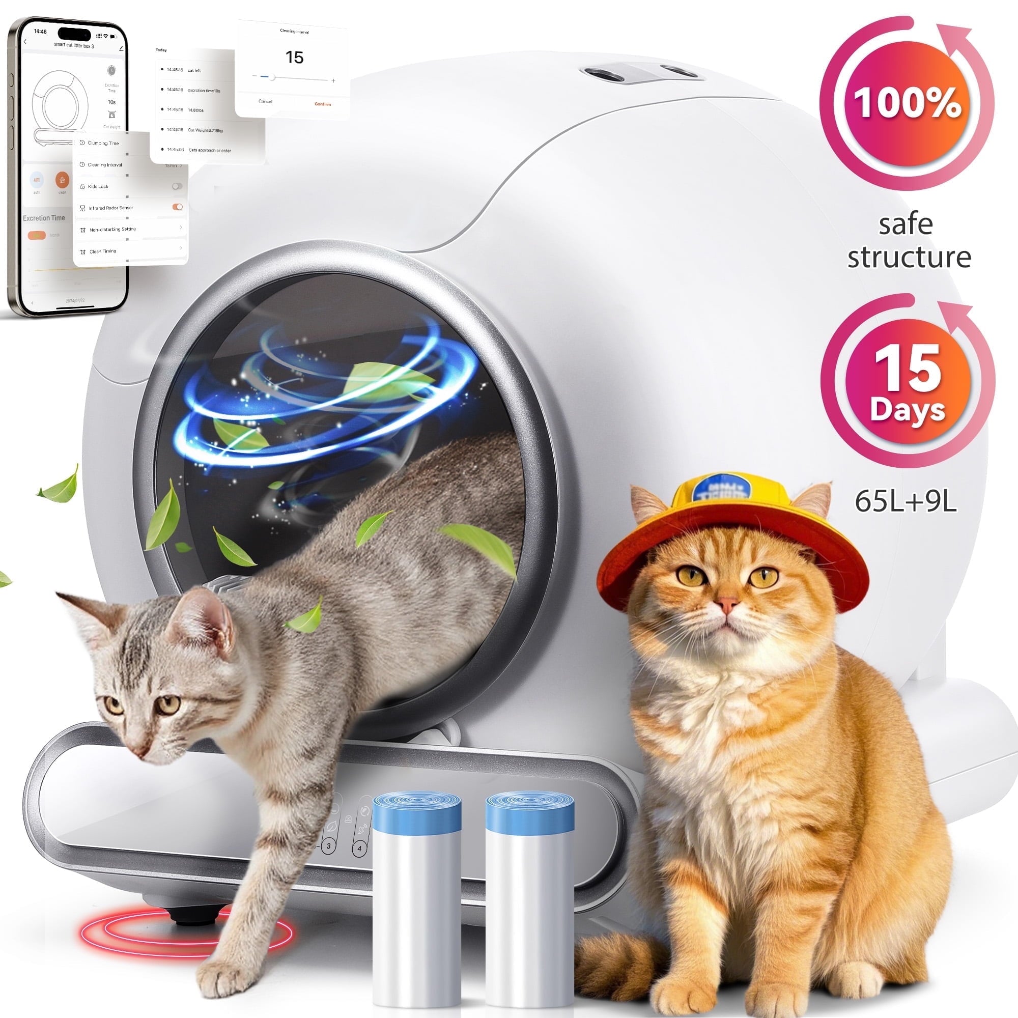 Campmoy Self Cleaning Cat Litter Box, Automatic Litter Box with APP Control, Odor Removal, Safety Protection, 65L+9L Large Capacity, Litter Box with 2 Liners & Baffle Plate