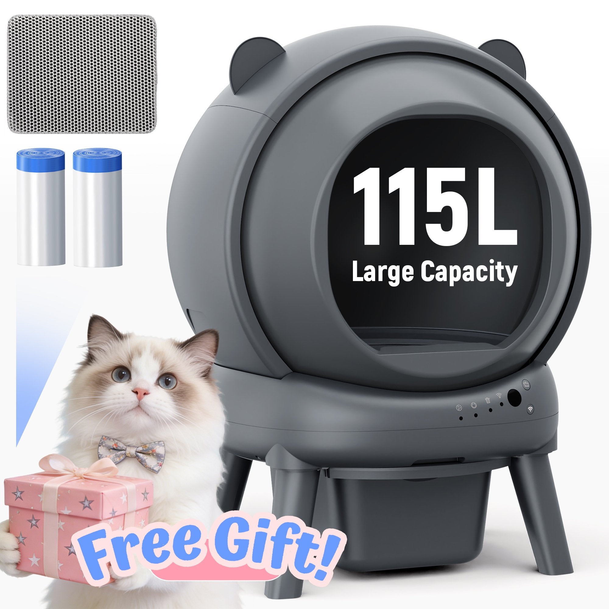 Campmoy Self Cleaning Cat Litter Box,Automatic Litter Box Self Cleaning, 100L Large Capacity for Multiple Cats w/ APP Control, 8 Safety Protection, Odor Removal,1*Mat and 2 Roll Bags