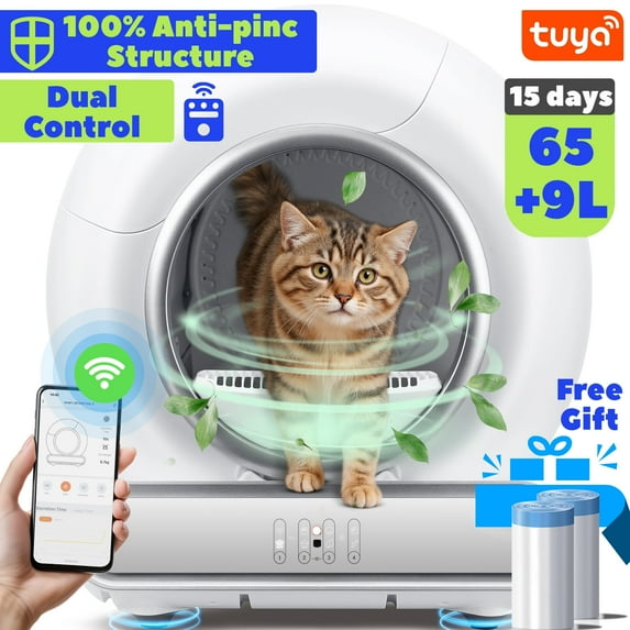 Campmoy Self-Cleaning Cat Litter Box, Automatic Litter Box w/ 65+9L Extra-Large Capacity for Multi-Cat, App Monitoring & Health Monitoring, Odor Isolation & Smart Radar Detection, Free Liners Gift