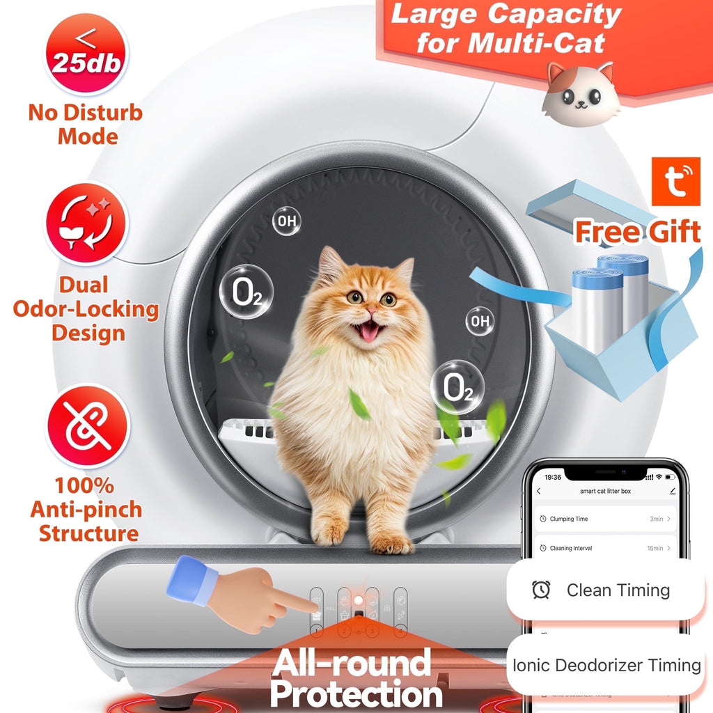 Campmoy Self Cleaning Cat Litter Box, Automatic Litter Box w/ Liner, Dual Sensor Protection for Multi Cat, APP+ Panel Control, Odor Removal, Health Monitoring, Large Capacity Litter Box