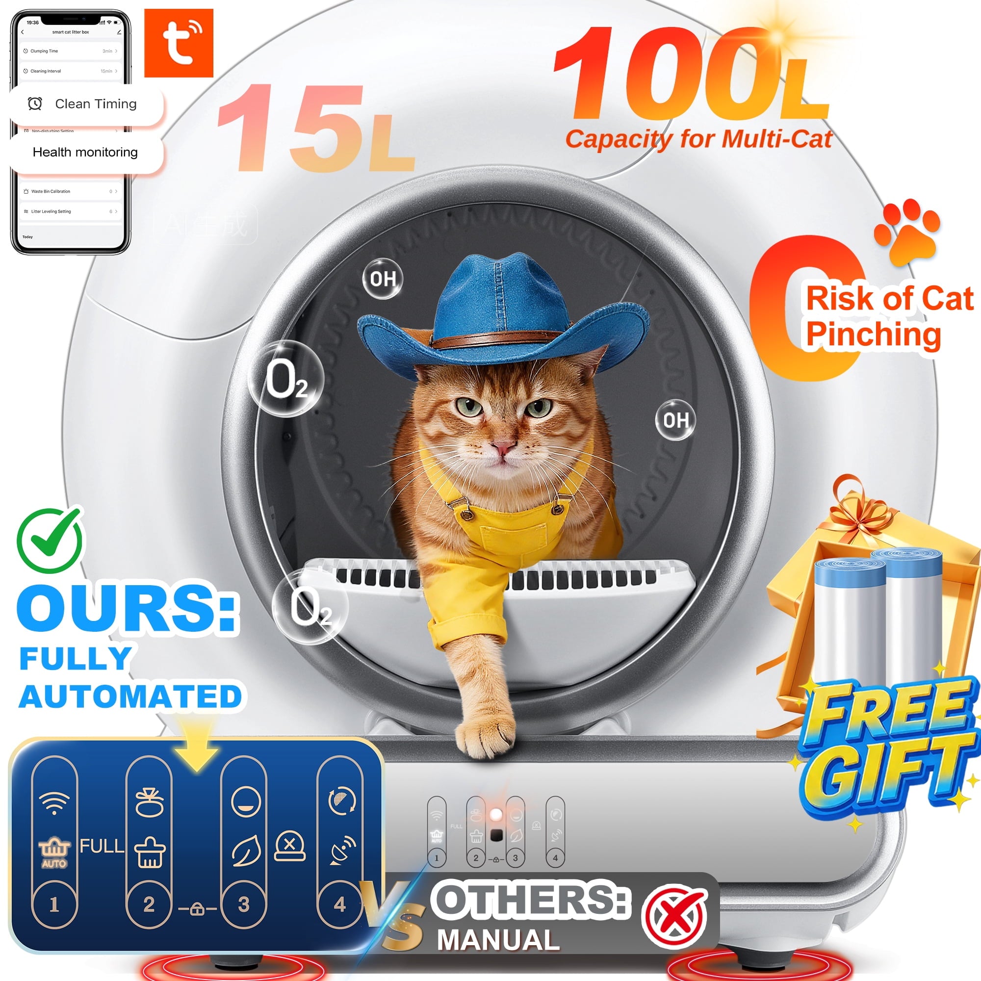 Campmoy Self Cleaning Cat Litter Box, 115L Automatic Litter Box w/ Liner, 10 Sensor Protection for Multi Cat, Dual APP+ Panel Control,Odor Removal,Litter Box