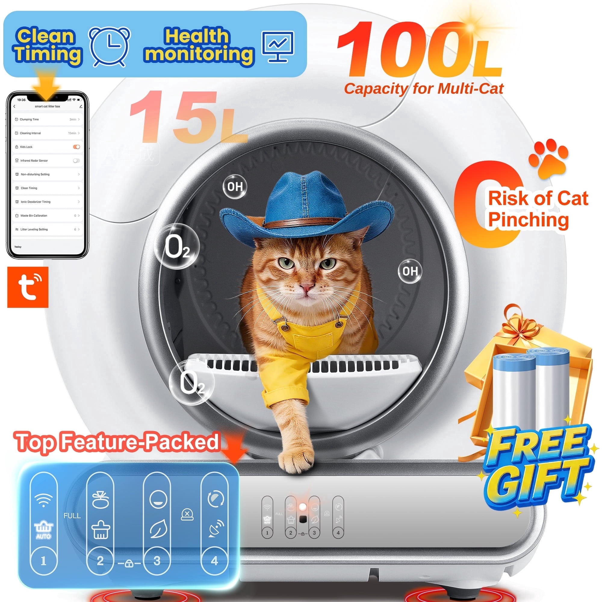 Qvamodo Self Cleaning Cat Litter Box, Automatic Litter Box w/ Liner, Dual Sensor Protection for Multi Cat, APP+ Panel Control, Odor Removal, Health Monitoring, Large Capacity Litter Box