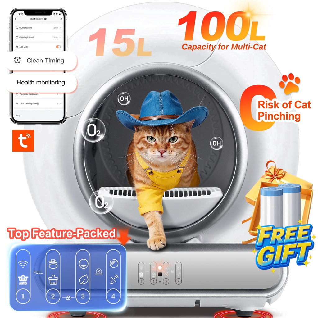 Campmoy Self Cleaning Cat Litter Box, Automatic Litter Box w/ Liner, Dual Sensor Protection for Multi Cat, APP+ Panel Control, Odor Removal, Health Monitoring, Large Capacity Litter Box