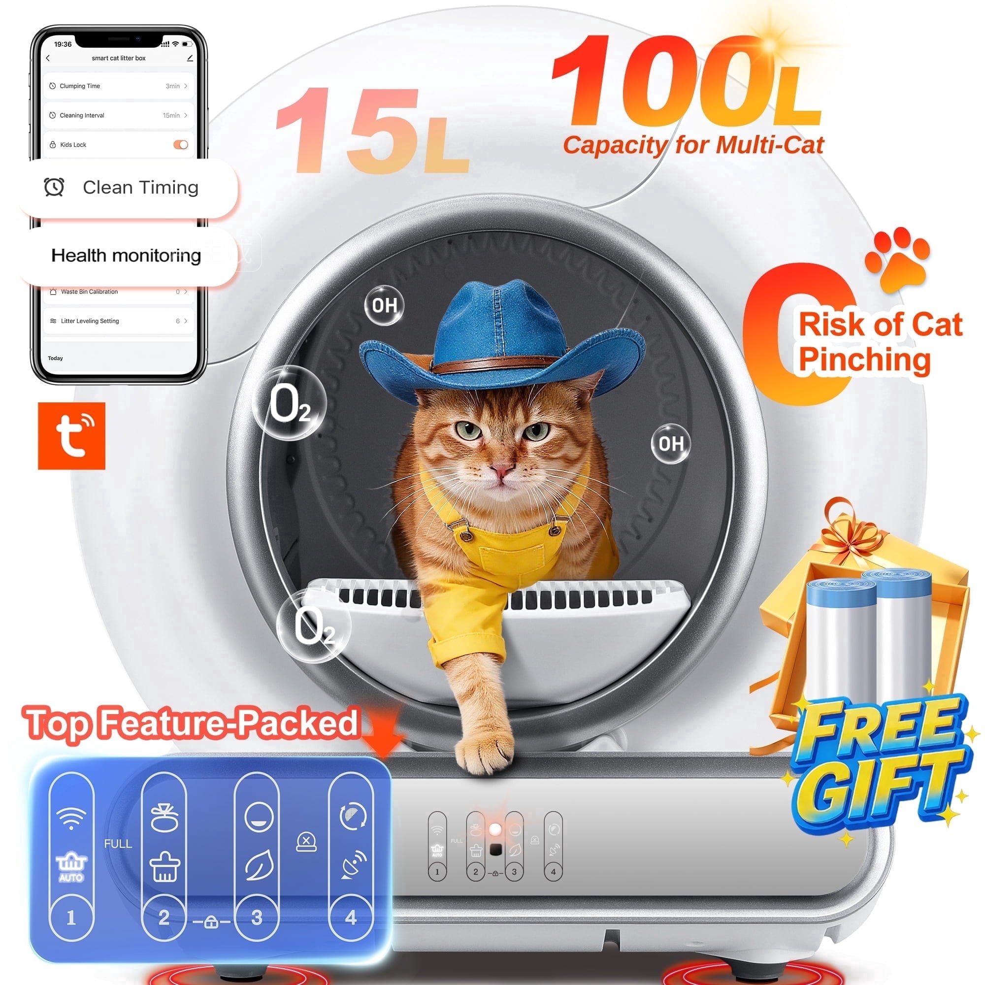 Campmoy Self Cleaning Cat Litter Box, Automatic Litter Box w/ Liner, Dual Sensor Protection for Multi Cat, APP+ Panel Control, Odor Removal, Health Monitoring, Large Capacity Litter Box