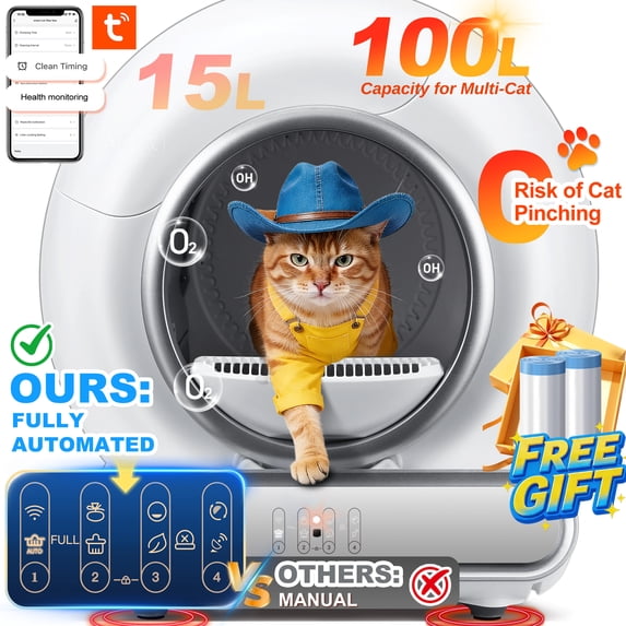 Campmoy Self Cleaning Cat Litter Box, 115L Automatic Litter Box w/ Liner, 10 Sensor Protection for Multi Cat, Dual APP+ Panel Control,Odor Removal,Litter Box
