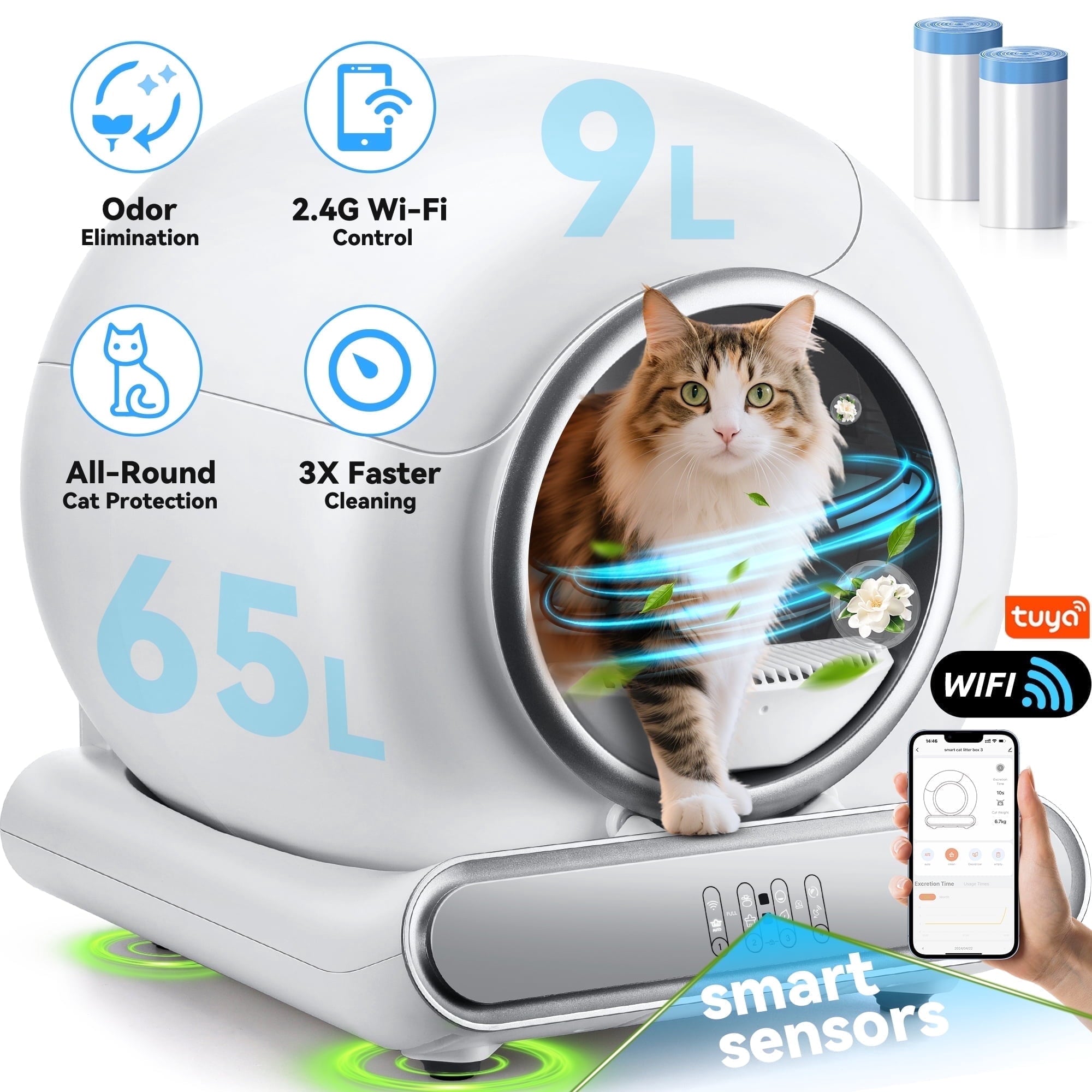 MAJUNES Self Cleaning Cat Litter Box, Automatic Litter Box with Liner, 65+9L Large for Multiple Cats, App Controlled, Odor Removal, Anti-Pinch Design