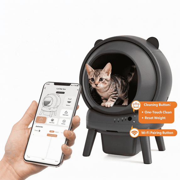 WNANEEZ Self-Cleaning Cat Litter Box, Automatic for Multiple Cats with Smart APP Control, Dual Safety Protection, Odor-Free Waste Disposal, Includes Trash Bags, grey